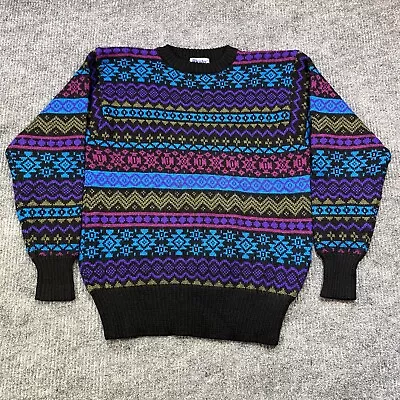 Meister Sweater Blue Fair Isle Rainbow Wool Long Sleeve Knit Pullover Adult Sz M • $39.99