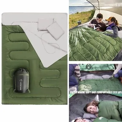 2 Person Double Sleeping Bag For Adults Size XL Green C 0 Degree Camping Hiking • $56.99