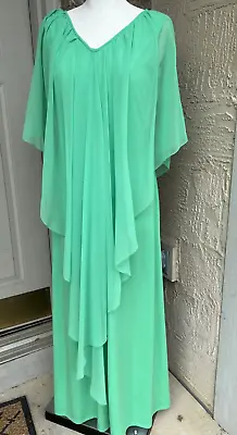 1970s Mint Green Evening Gown ~Vintage Angel Wings ~Long Dress~ Stretchy Bodice • $69.99