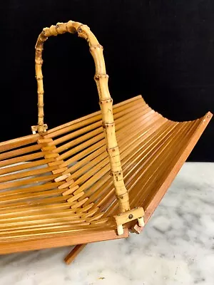 Vintage Japanese Folding Basket MCM Wood Bamboo Handle Bread Fruit Veg 1960s • $26