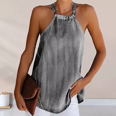 Women Halter Cami Shirt Denim Streetwear Summer Ladies Halter Top Breathable • £13.18