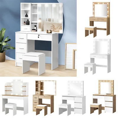$229.90 • Buy Oikiture Dressing Table Stool Set Makeup Desk Mirror Storage Drawer W/ LED Bulbs
