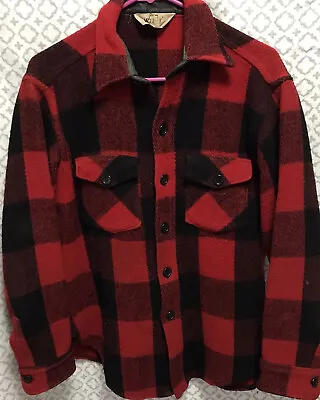 Woolrich True Vtg 100% Wool Chore Shirt Jacket Red Black Buffalo Plaid 70s M/L • $54
