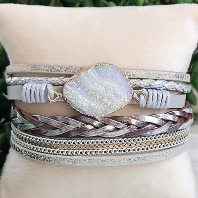 New Ryze Women's Silver & Gold Mermaid Druzy Vegan Leather Wrap Bracelet • $30