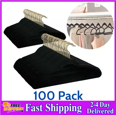 100 Pack Non-Slip Velvet Hangers Clothes Flocked Suit Hangers Black • $32.96