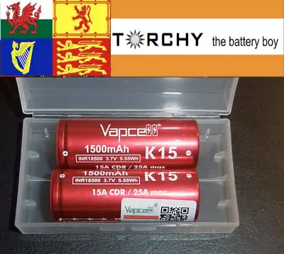 2x Vapcell K15 18500 3.7V  15A/25A Rechargeable Batteries And Plastic Case • £9.99