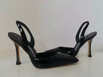 NWOB Manolo Blahnik Black Patent Leather Carolyne 100mm Slingbacks EUR 36 • $215