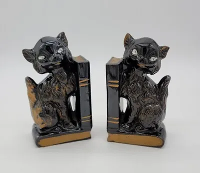 Vintage 50s Dark Academia Black Cat Bookends Pen Holders Redware Pottery ~Japan • £33.39