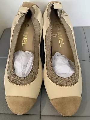 Chanel Ladies Beige Suede Leather Ballet Pumps Size 37C VGC • £280