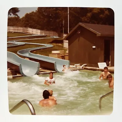 Water Park Pool Slides Photo 1970s Sunny Day Summer Fun Group Snapshot Art D1899 • $29.95