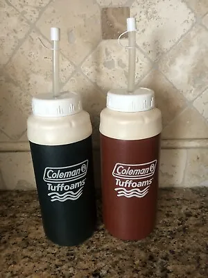 Vintage Coleman Tuffoams Insulated Water Bottles / Mugs With Straw 32 Oz. Set -2 • $8