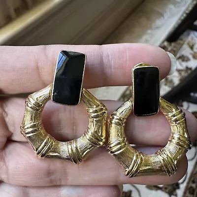 VTG Monet Earrings Bamboo Door Knocker Clip-on Gold Black Tone Signed Retro • $25