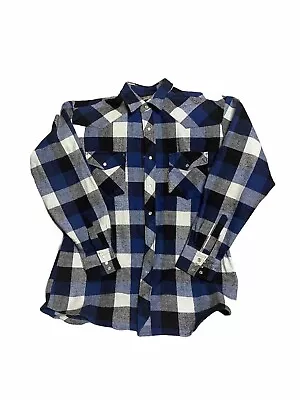 VINTAGE BIG MAC Flannel Shirt Mens LT Blue Plaid Heavy Pearl Snap Front • $22.31