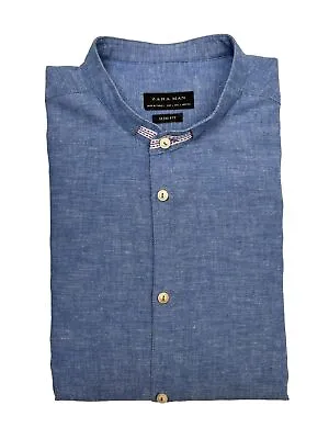 Zara Man Mens Henley Slim Fit Cotton Linen Blend Shirt Blue Long Sleeve Size L • £19.99