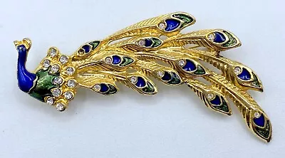 A8-371 Vintage Gold Tone Brooch Pin 2.5  Crystal Bird Animal Peacock Enamel • $6.99