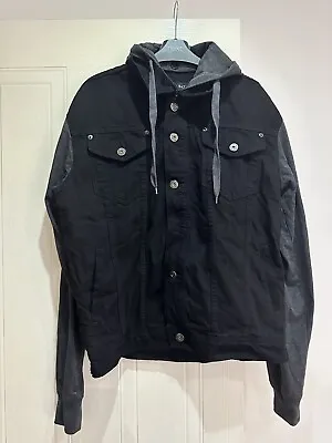 HAWKS BAY USA Men’s Black Denim Jacket Grey Jersey Sleeve & Hood Size M • £20