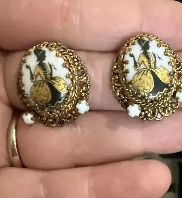 Rare Vintage Gilt WEST GERMANY PORTRAIT OF Black Lady FILIGREE CLIP EARRINGS • $23.95