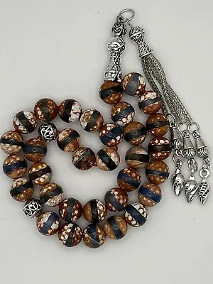 Natural Dzi Agate Gemstone Misbaha Tasbih Rosary Prayer Beads مسبحة عقيق طبيعي • $39.99