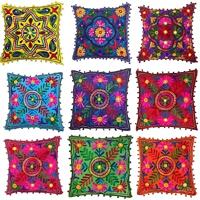 Indian Suzani Pom Pom Cushion Covers Floral Embroidered Boho Case UK 40 X 40 Cms • £5.99