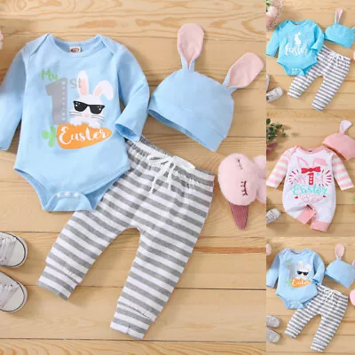 3PCS Newborn Baby First Easter Bunny Romper Outfits Kids Jumpsuit Hat Set UK • £7.99