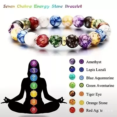 7 Chakra Crystal Gemstone Bracelet Bead Natural Stone Stretch Reiki Jewellery UK • £3.49