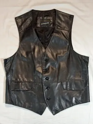 Men 44 Snug Vtg 80s JCPenney Black Leather Vest Jacket • $39.95