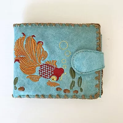 Lavishy KOI Fish Embroidered Vegan Bifold Medium Wallet Women/Girls/Boys Blue • $14.40