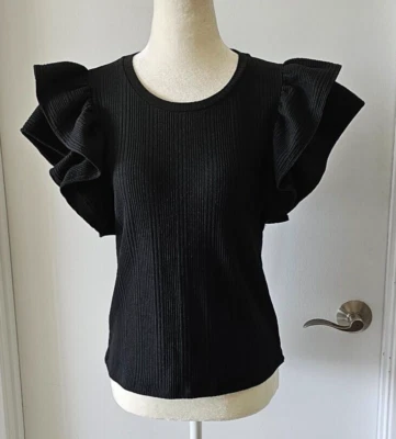 $12 • Buy Zara Ruffled Sleeve Round Neck Black Top Size L