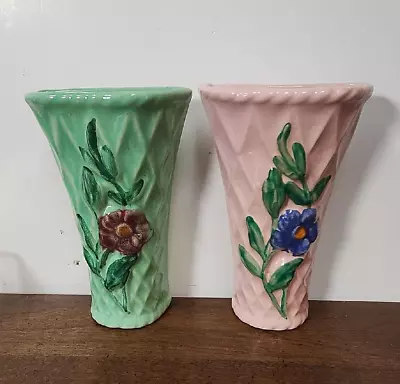 Morton Pottery Basketweave Pair Floral Wall Pockets - Read • $22.50