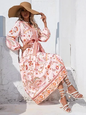 $24 • Buy Cute Boho Dress, Size 12, Baby Pink + Floral, Long Lantern Sleeve, Maxi