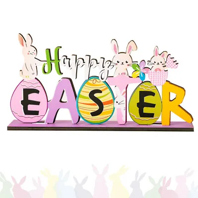 Easter Wooden Table Sign Happy Easter Bunny Stand Tabletop Ornaments Table Decor • £5.22