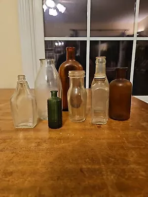 Lot Of 8 Vintage Glass Bottles Clear Amber Brown Green • $4