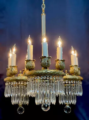 Antique French Victorian Crystal Gasolier Gilt Brass Bronze Chandelier • $4750