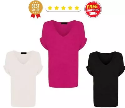 Women's Ladies V-Neck Oversized Baggy Loose Fit Top Batwing Sleeve Turn-Up Style • £6.99