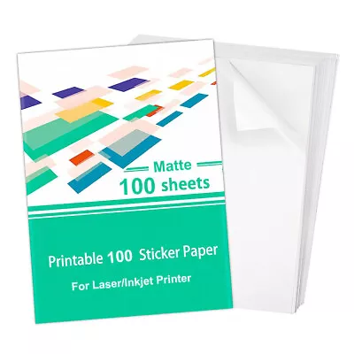 100 Full Sheet Matte Printable Sticker Paper Labels 8.5 X11  For Laser & Inkjet • $14.98