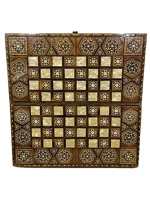 Inlaid Marquetry Wood Mother Of Pearl Chess Board Backgammon Folding Box 16x16” • $125