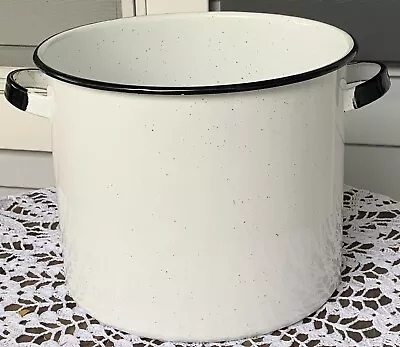 Vintage XL White Enamelware Stock Canning Pot~Blue Rim~11-12 Qt?~No Lid • $33