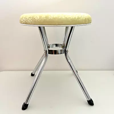 Vtg Cosco Round Vanity Stool Yellow Daisies Chrome Legs 15.5  Tall 13  D Seat • $75.99