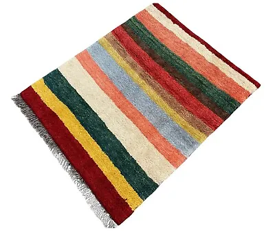 Fine Wool Gabbeh Rug Hand Made Thick Persian Wool Strip Carpet Clean 5'1  X 2'10 • £297.50