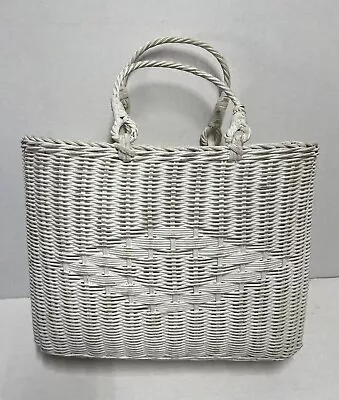 Vintage White Wicker Basket Purse Handles 12x9.5x5” Diamond Design Cottagecore • $29.99