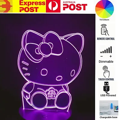 HELLO KITTY Girls Cute 3D Acrylic LED 16 Color Night Light Remote Chargeable USB • $37.90