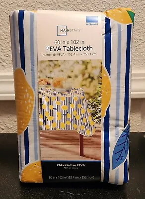 Mainstays Vinyl PEVA 60 X 102  Indoor Outdoor Tablecloth - Lemons Blue Stripe • $11.55