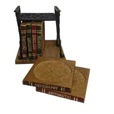 Vintage 1975 Cast Iron School Desk Wood Coaster Set Of 6 • $14.99