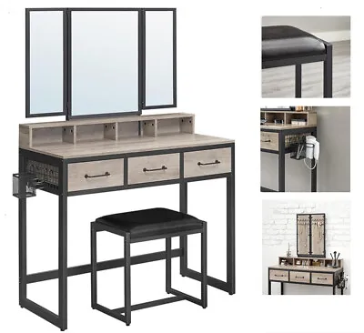 Dressing Table Mirror With Stool Vanity Makeup Desk Table 3 Drawers • £139.99