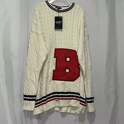 BooHoo Man Distressed Varsity Sweater Cable Knit Mens Size Xl New Nwt E2350 • $22.81