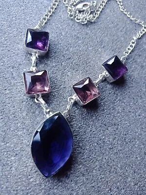 Stunning Bezel Set Large Pink Purple Stone V-Shaped Necklace • £12.99