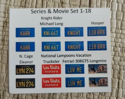 Movie & Series 1:18 Scale Water Slide License Plate Decals White Backing #8 • $8.50