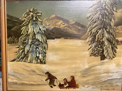 VINTAGE OIL PAINTING Russian I.  Nicolai PINE TREE SNOW SLEIGH CHILDREN • $165