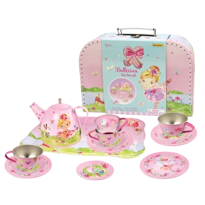 15pc Champion Pretend Play Ballerina Tin Tea Pot Tray Plate Suitcase Set Kids 3+ • $47