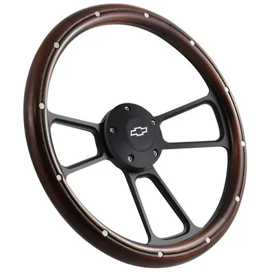 14  Real Mahogany Wood Grain Steering Wheel W/ Black Chevy Horn 3 Spoke Slotted • $188.93